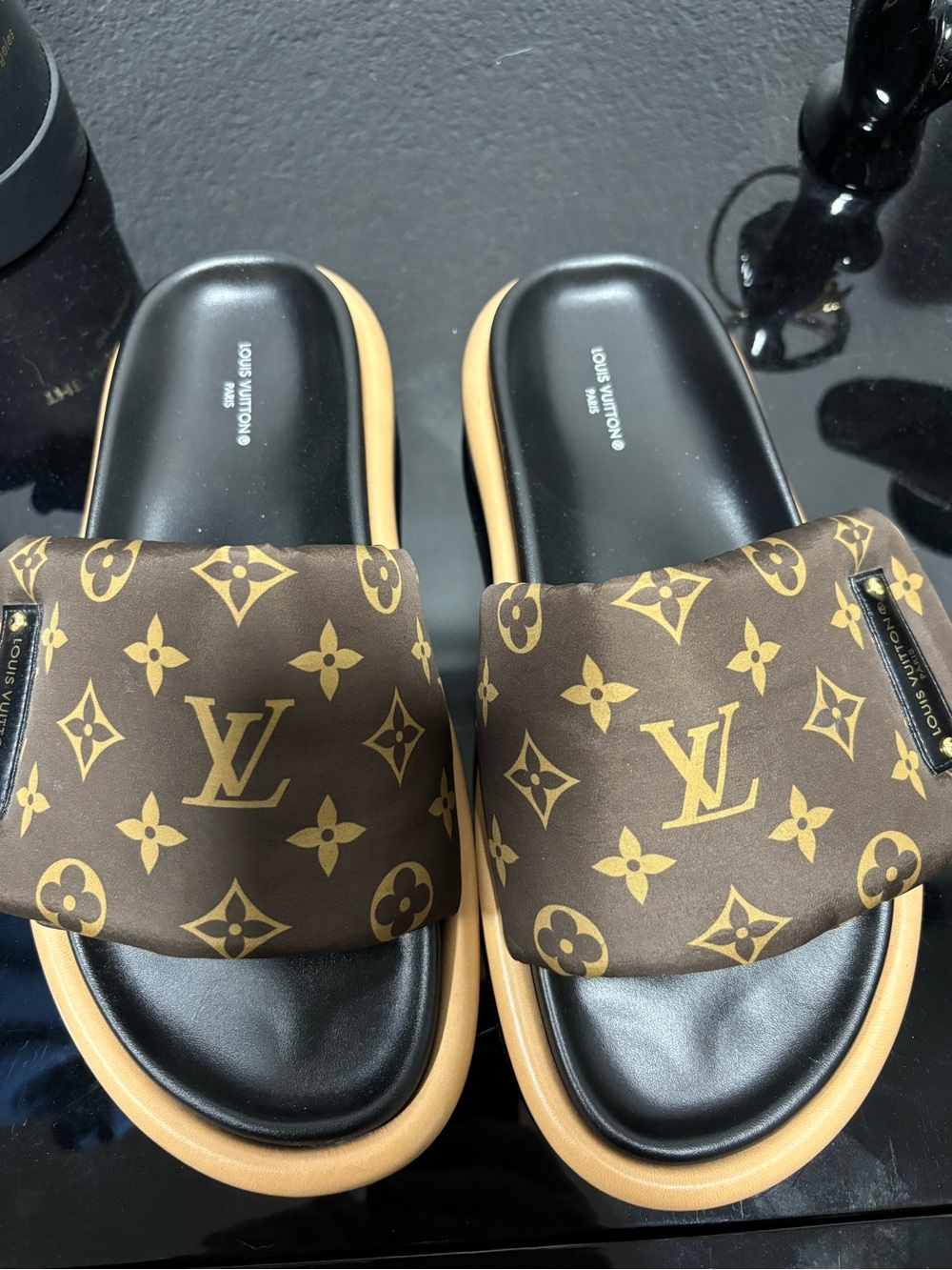 Louis Vuitton Brown & Black Monogram puffy pool sandals for women
